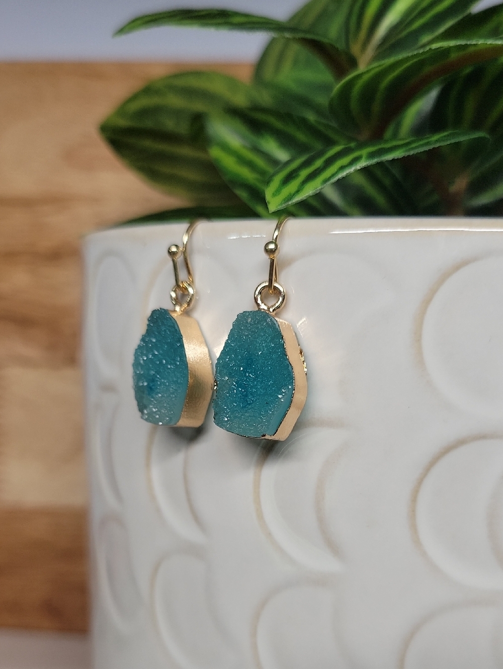 Gold-Trim Aqua Blue Druzy Drop Earrings - Women's Jewelry
